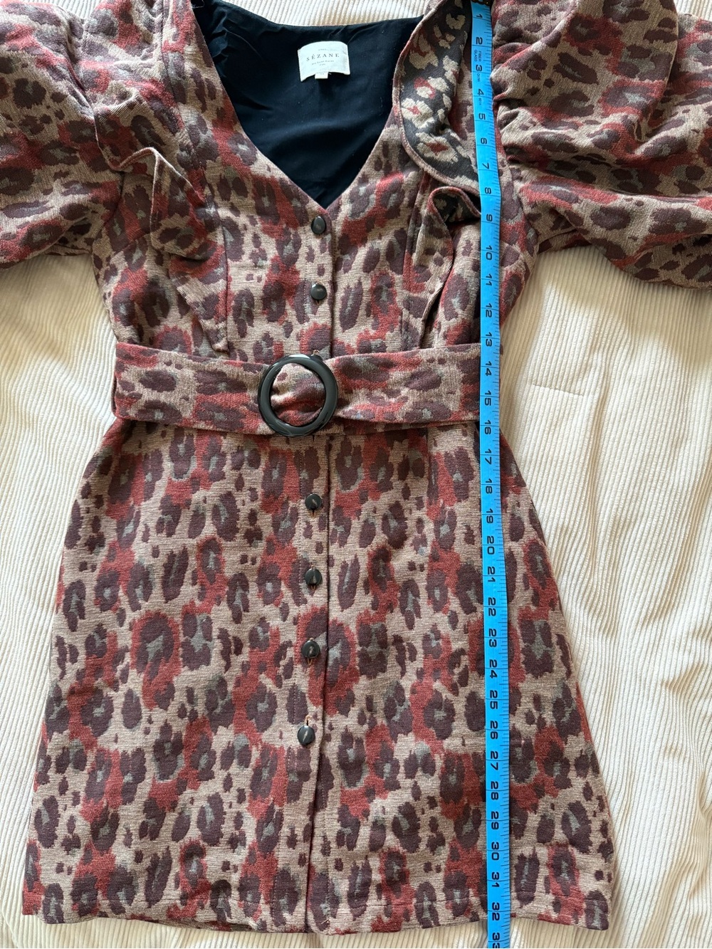 Sezane Lia Dress Jacquard Leopard Bordeaux Belted Mini Ruffle FR 34 US 2 - Picture 15 of 15
